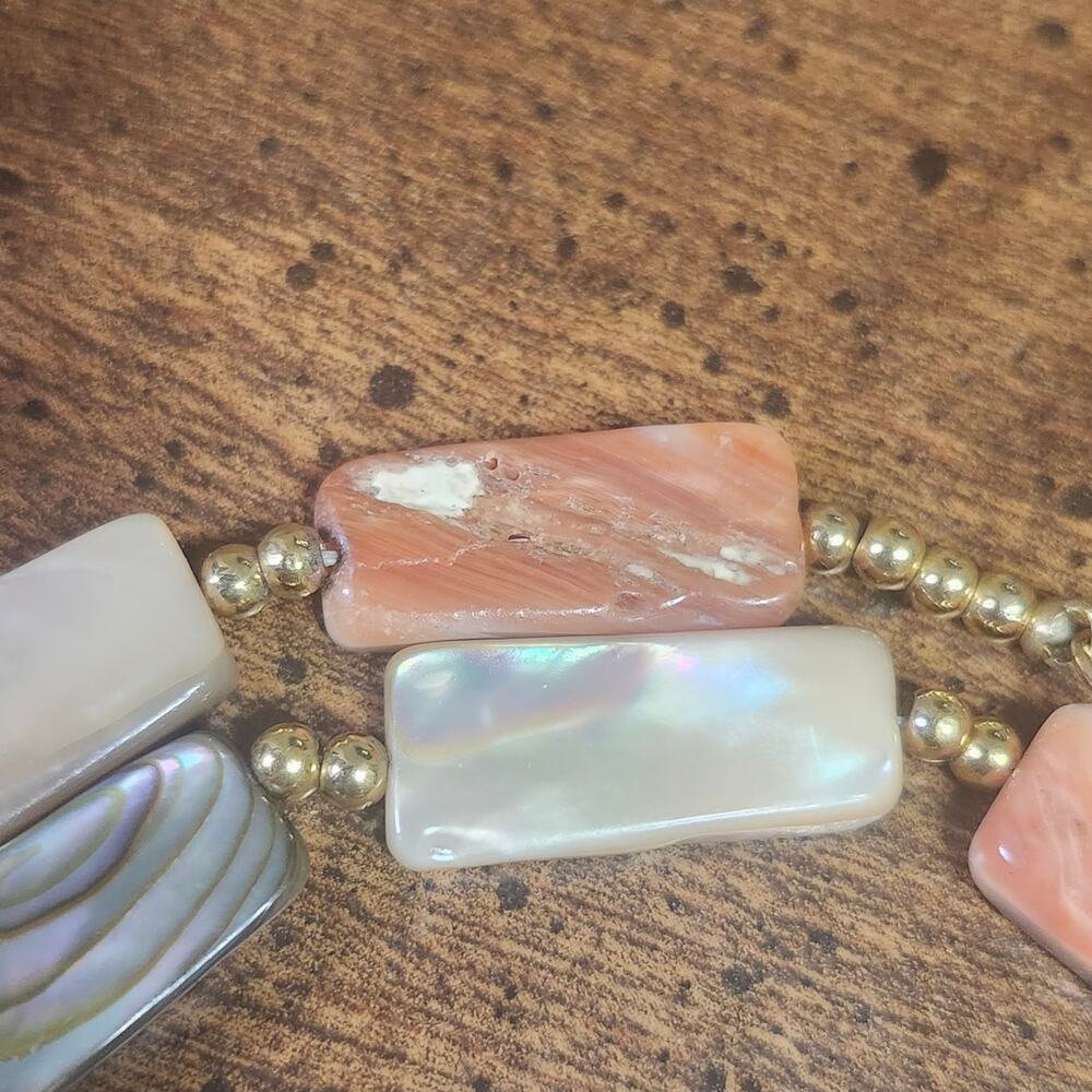 Mother of Pearl Abalone Shell Rectangle Bead Necklace Peach Gold Tone 24 Coastal - Picture 8 of 8